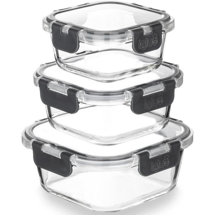 Igluu Meal Prep - Lot de 3 boîtes carrées empilables en verre - Sans BPA -  Couvercle hermétique à charnière anti-fuite - Passe a69 - Cdiscount Maison