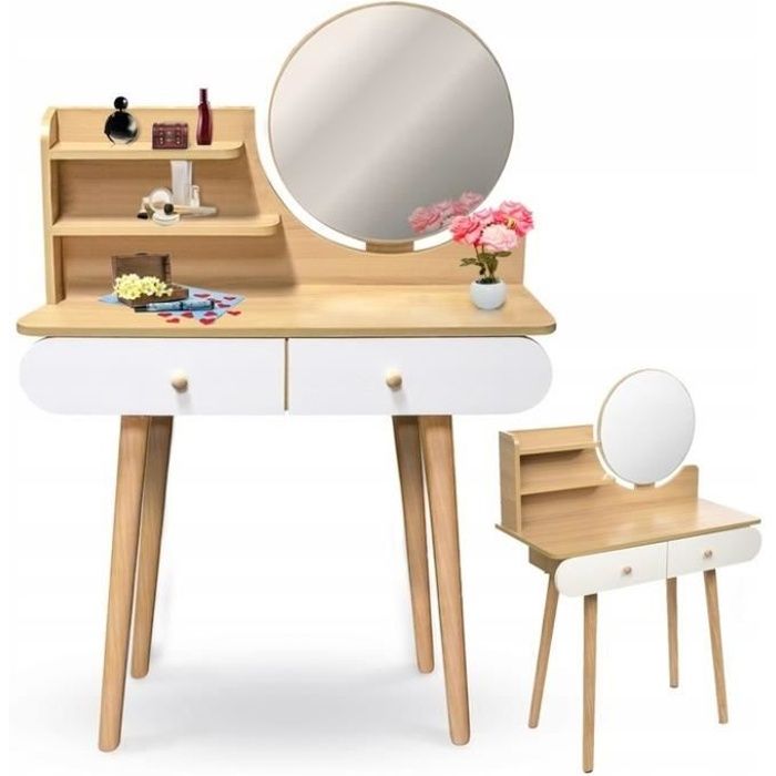 Coiffeuse en bois avec miroir rond et tiroirs - VIKING CHOICE - Moderne - Blanc - 2 tiroirs - Rangements inclus