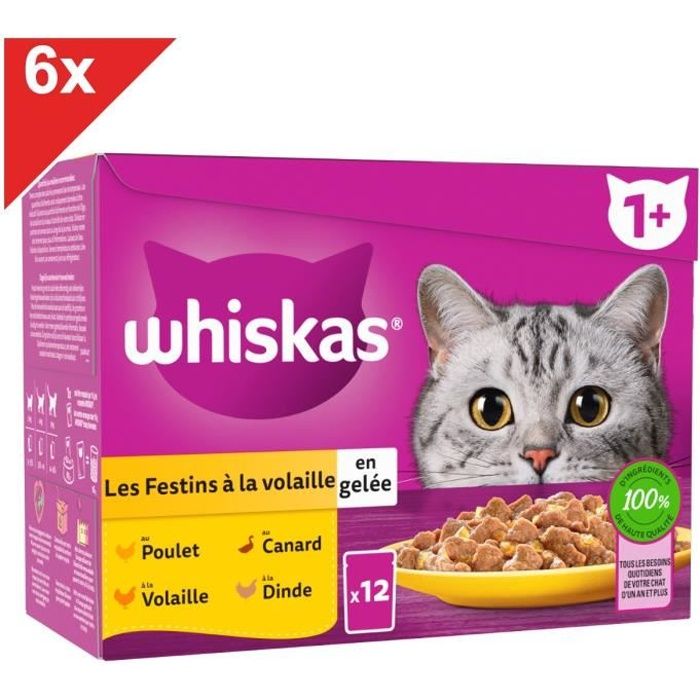 WHISKAS 72 Sachets fraîcheur en gelée 4 variétés volaille pour chat 85g (6x12)