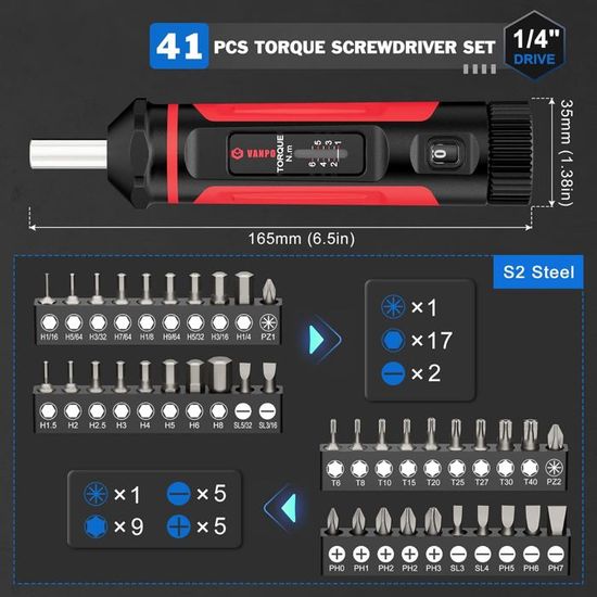 Tournevis dynamométrique 1/4, 2 - 8 Nm avec poignée en T - 12 pièces WGB - Bricolage