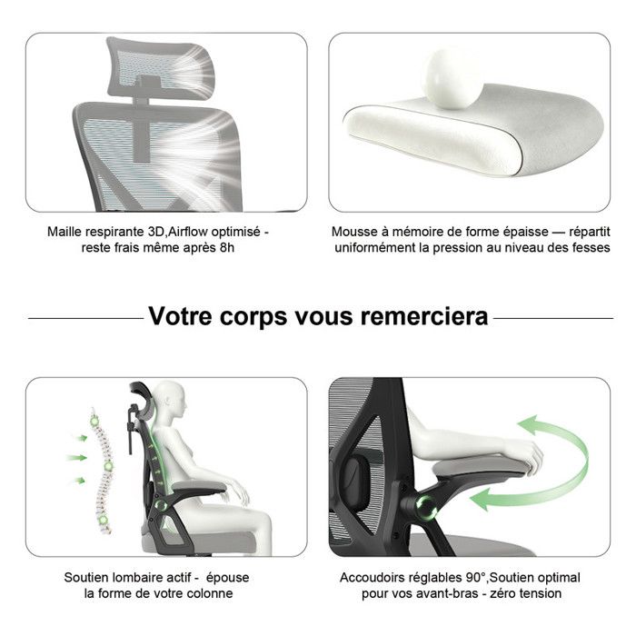 Fauteuil de bureau ergonomique,dossier,accoudoirs et appui-tête ...