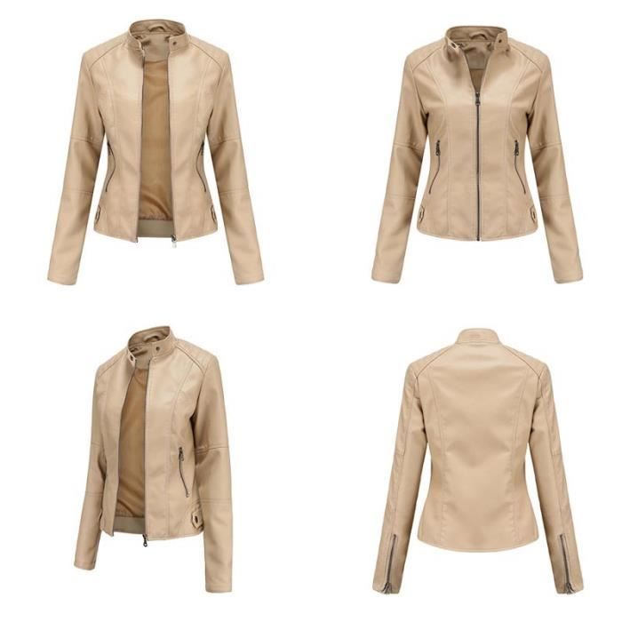 Blouson Femme Simili Cuir Casual Veste Zippee Col Montant Couleur Unie AIEVIS