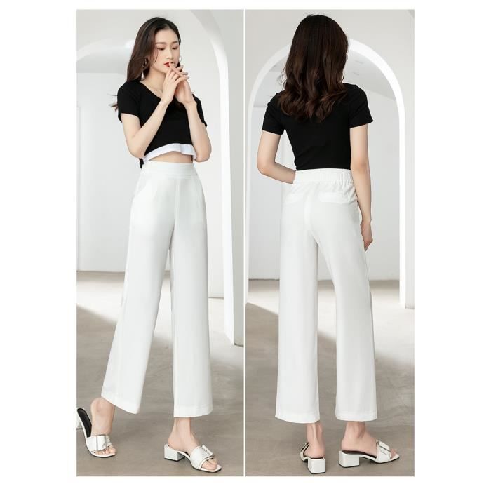 Pantalon Femme 7 8 Stretch Coupe large Taille haute elastiquee INSFITY Blanc Blanc Cdiscount Pret a Porter