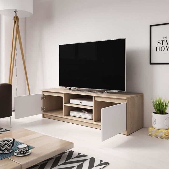 Meuble TV / Meuble salon - PERMYS - 120 cm - chêne sonoma clair / blanc mat  - sans LED - style moderne - Cdiscount Maison