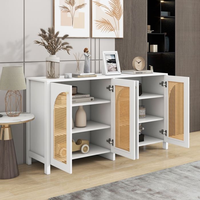 Buffet En Rotin 2 Portes 80x40x83 Cm - Armoire De Cuisine/Salon, Étagères Réglables, Style Moderne - Rotin Naturel Et MDF - 5