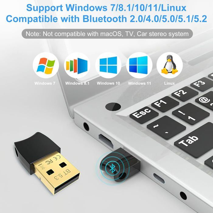 Dongle Bluetooth 5.3 USB Pour PC - Plug & Play Windows/Linux - Portée 20 M, Connexion Multi-appareils - 5