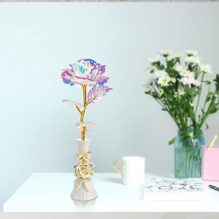 Rose éternelle Avec Vase - Feuille D'or, Cadeau Romantique Pour Femme (maman, Petite Amie) - Saint-Valentin, Noël, Anniversaire