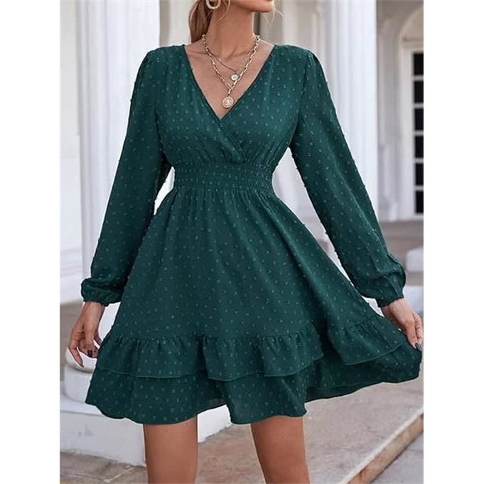 Femmes Robe Tunique Mini Robe Col en V Automne Hiver Longueur au Genou Casual Retro Respirant vert