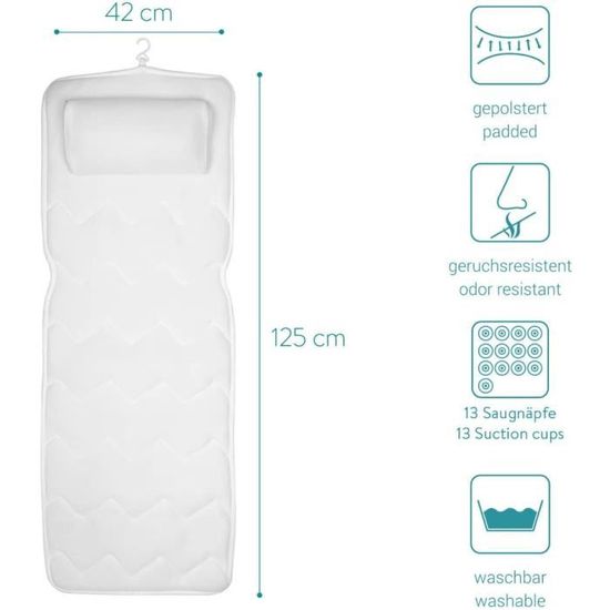 Oreiller De Bain Complet - Matelas De Baignoire Avec 13 Ventouses, Maille Respirante 5D, Taille 126x41 Cm, Confort Tête Et Dos