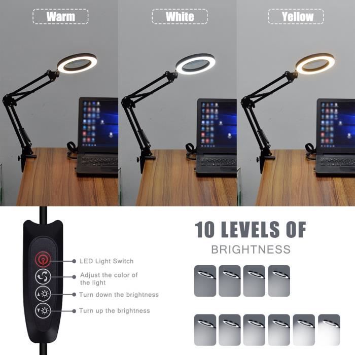 Lampe De Bureau Loupe 10X/8X Avec Lumière LED - 3 Couleurs, 10 Niveaux De Luminosité, Bras Réglable, Alimentation USB - 10