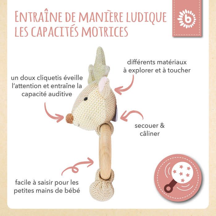 Bieco Hochet Bébé Chevreuil mignon avec Anneau en Bois Hochet Bebe 1 Mois Anneau Dentition Bebe avec Hochet Anneaux de Préhension - Puériculture & Eveil bébé