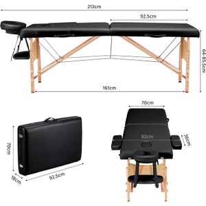 Table De Massage Portable Yaheetech En PVC Noir - Pieds En Bois Massif, Réglable 64-85.5cm