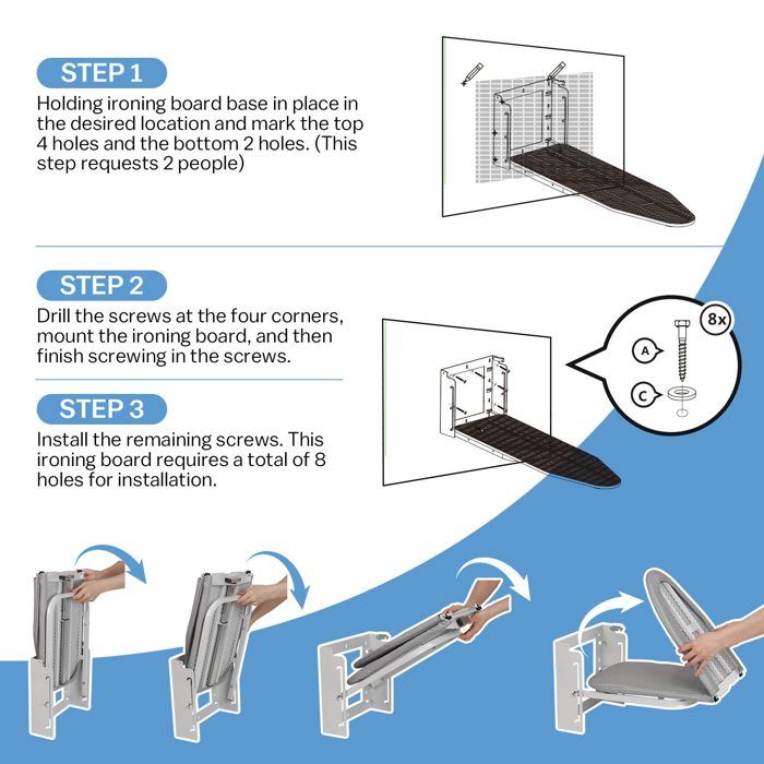 Planche à Repasser Murale Pliable 180° – Gain De Place, Rotation, Housse Résistante Chaleur