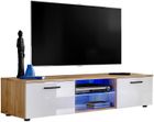IAMS CHIEN Meuble TV T33 Extreme Furniture - Blanc Brillant & Bois naturel - Façades en Brillant - L150cmxH34cmxP45cm