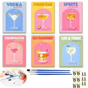 Kit Peinture Par Numéros Cocktail – 6 Toiles 15x20 Cm – 30 Peintures Acryliques, 9 Pinceaux – DIY Adultes – Cocktails Tendances (Sans Cadre)