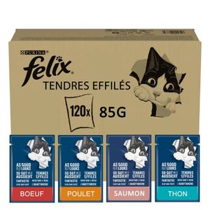 BOITES - PATÉES FELIX Tendres Effilés en Gelée - Sélection Mixte - 120x85g - Sachets fraîcheur pour chat adulte