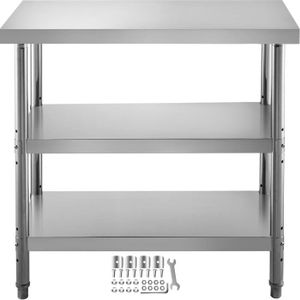 PLAN DE TRAVAIL Table Plan de Travail en Acier Inox - VEVOR - 61x35x85,5 cm - Hauteur Réglable - Table de Préparation 3 Niveaux - Cuisine Garage