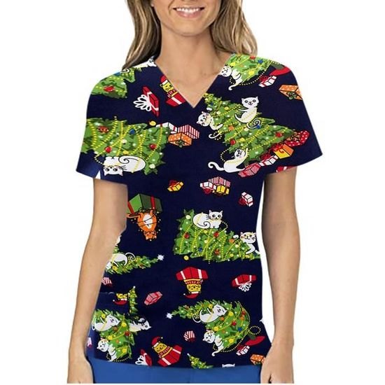 T-shirt De Noël Humoristique Pour Femme - Imprimé Motifs Fête, Col Rond, Manches Courtes, Polyester