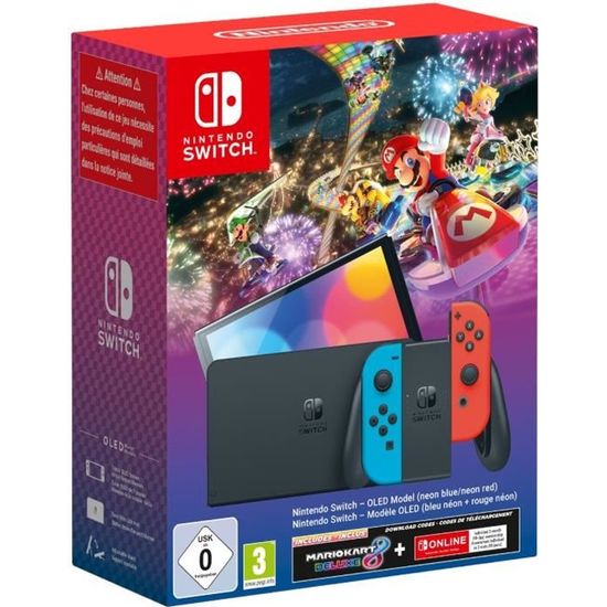 Console Nintendo Switch - Modèle OLED • Bleu Néon & Rouge Néon + Mario Kart 8 Deluxe (Code) + 3 mois d'abonnement NSO (Code)