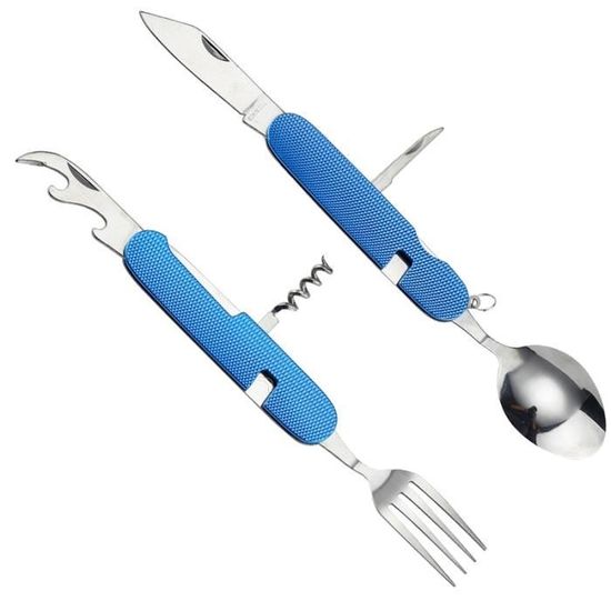 6 en 1 en acier inoxydable pliant couverts cuillère fourchette couteau ensemble randonnée pique-nique batterie de cuisine-bleu 