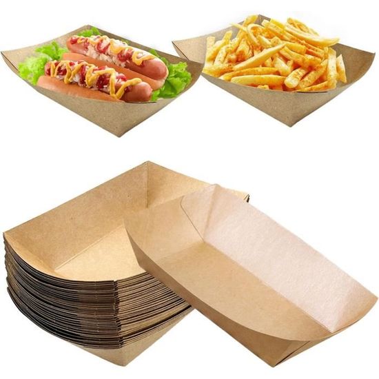 Lovesmile Lot De 50 Barquettes Frites Carton Kraft - Biodégradables, Imperméables Et Résistantes à L'Huile Pour Chips, Saucisses, Sandwichs