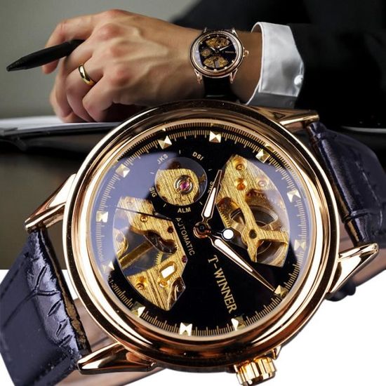 Montre Automatique Winner Pour Homme - Boîtier Argenté, Cadran Noir, Bracelet Caoutchouc