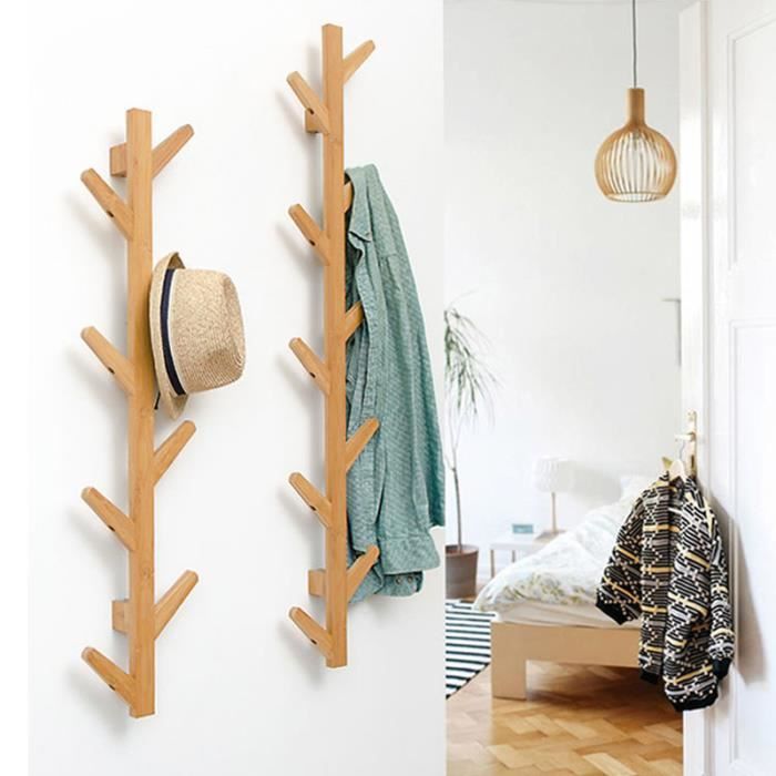 Porte Manteau Mural en Bois de Bambou - Forme d’ Arbre - 8 Crochets