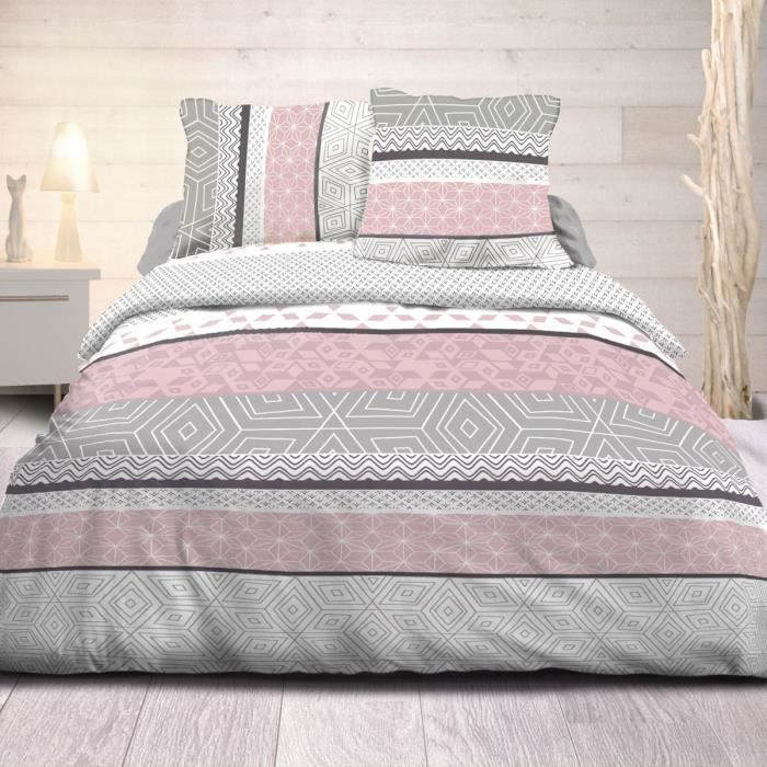 Housse de couette 240x260 Leon Poudre + 2 taies 100%coton 57 fils Rose