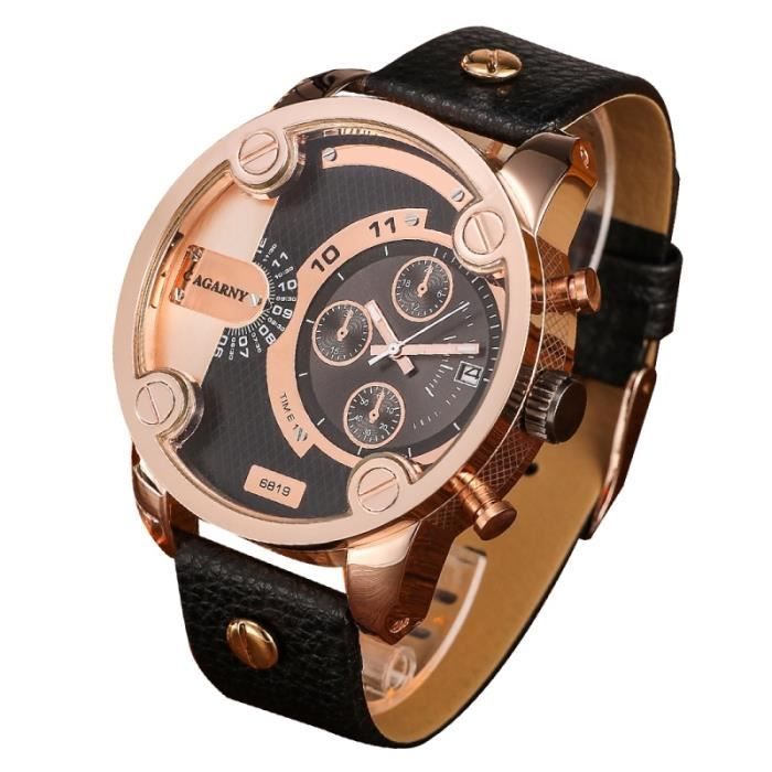 (#140) Dual Time Zone Quartz Business Sport Wrist Watch with Leather Band & GMT Time & Calendar (Rose Gold Case)