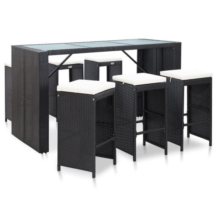 Ensemble Table de bar + 6 tabourets bar Mange-Debout et coussins Résine tressée Noir *961954