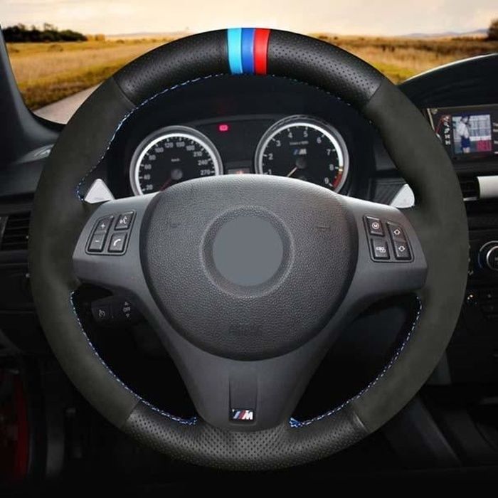 Couvre volant,Couvre volant de voiture cousu main en cuir véritable noir pour BMW M Sport M3 E87 E81 E82 E88 E90 E91 E92 - Type 3