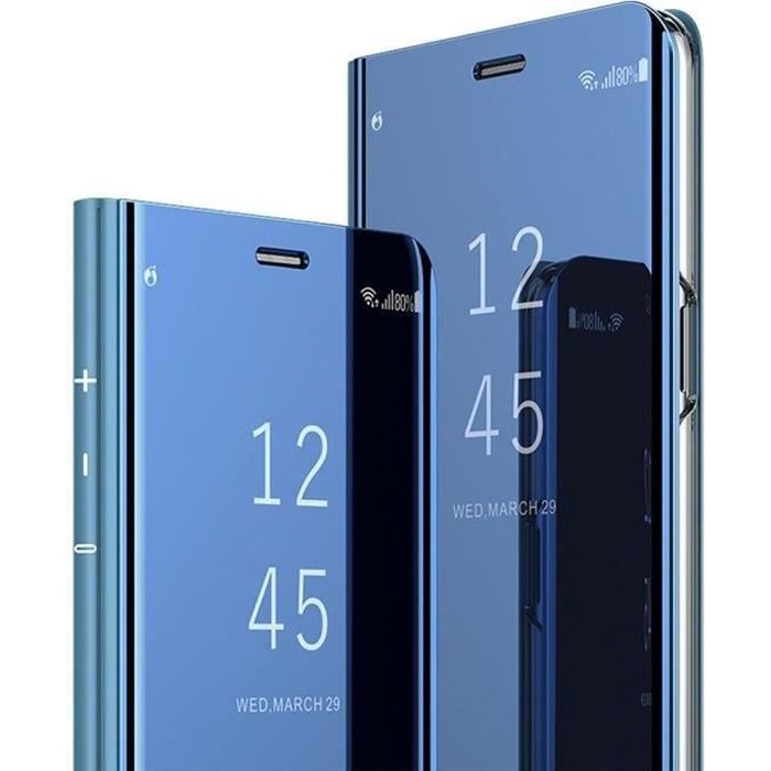 Luxe Coque iPhone SE 2020, Integral Protection Cuir Translucide Clear View Cover Antichoc avec Support, Bleu