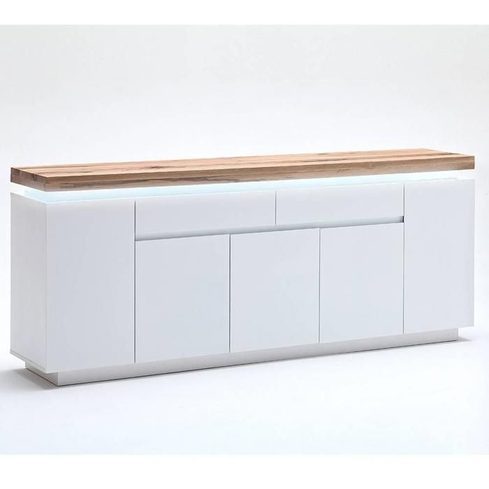 Buffet ROMINA 5 portes 2 tiroirs laqué blanc mat plateau chêne noueux huilé blanc Inside75