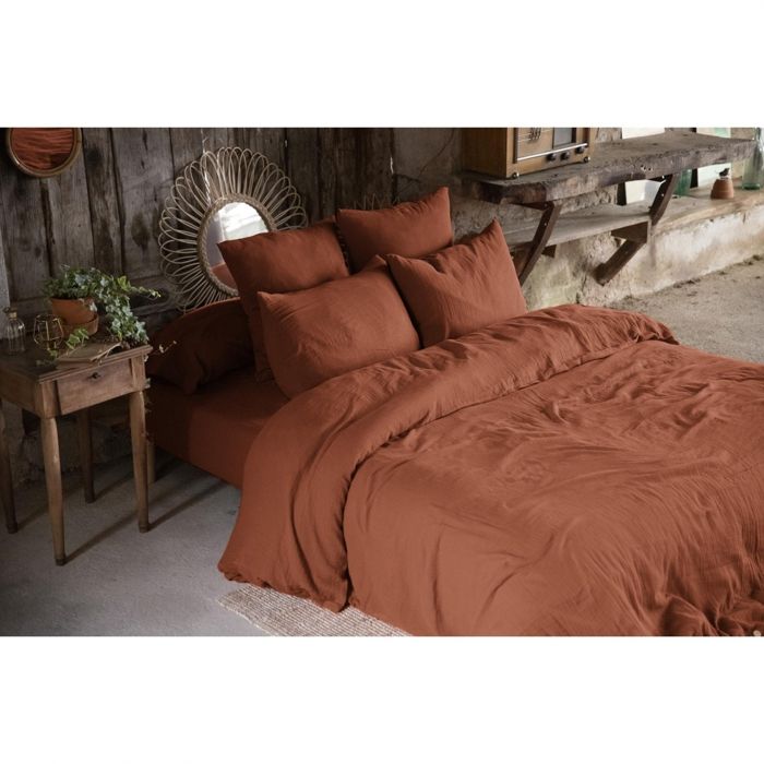 CDaffaires Pack double gaze de coton housse de couette 260 x 240 cm + 2 taies d'oreiller 60 x 60 orange Orange