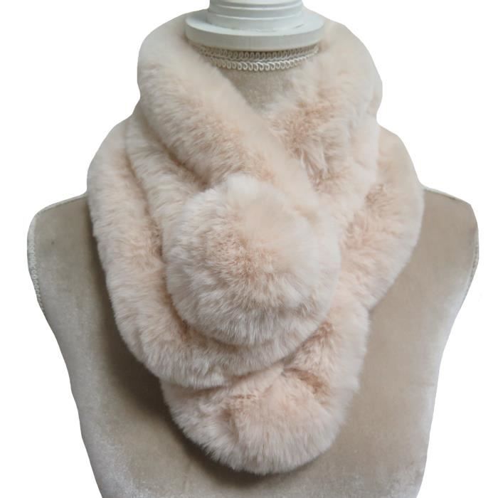 Écharpe Femme Tour de Cou en Fausse Fourrure Pom Pom-Rose Clair
