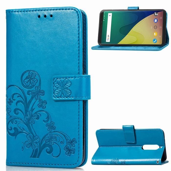 Coque Wiko View XL,Bleu Motif Fleur Cuir Premium Flip Portefeuille Coque Bumper Housse Etui pour Wiko View XL