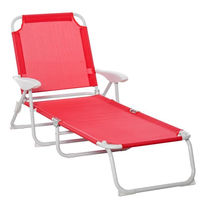 Bain de soleil pliable - transat inclinable 4 positions - chaise longue grand confort avec accoudoirs - métal époxy textilène - dim.