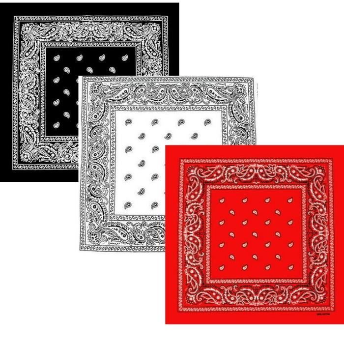 LOT 3 BANDANAS 100% COTON NOIR BLANC ROUGE Paisley Homme Femme Enfant Fille Garcon Airsoft Paintball Country Moto Motard Biker ...