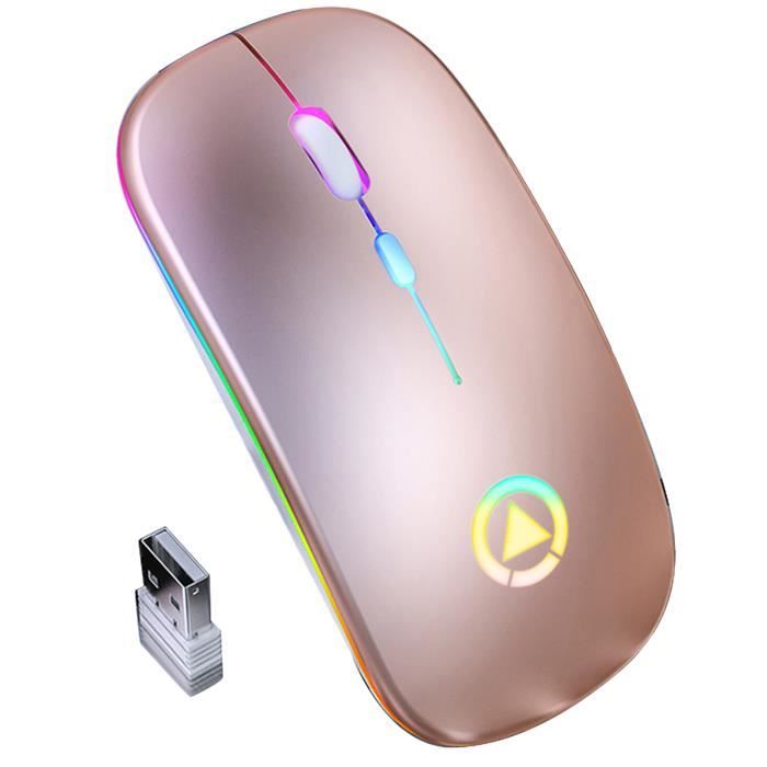 Souris optique sans fil 2,4 GHz avec USB rétroéclairé RVB rechargeable pour ordinateur portable Or rose