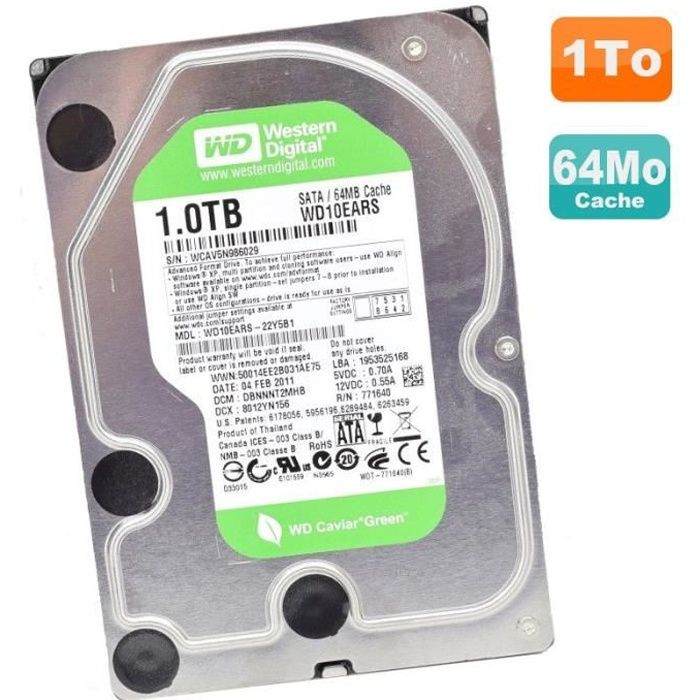 Disque Dur 1To Western Digital WD10EARS-22Y5B1 3.5- SATA Caviar Green 5400 64Mo