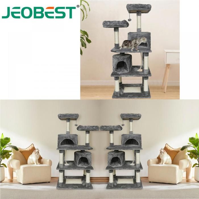Meilleurs prix pour JEOBEST. Arbre à Chat Géant Hauteur 145 cm avec 2 Plate-Formes Perchés 2 Condos en Peluche Cordes Gris