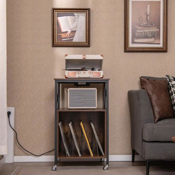 GOPLUS Petit Meuble de Rangement pour Vinyle à Roulettes avec Station de Charge Intégrée-Roues Verrouillables-50x45x82CM Marron
