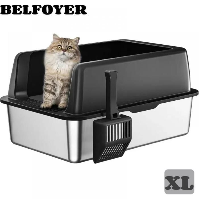 Meilleurs prix pour Bac à litière pour chat XL - BELFOYER - en Inox - Semi-ouvert - Durable, anti-rust, facile à nettoyer - 60 x 40 x 30 cm - Noir