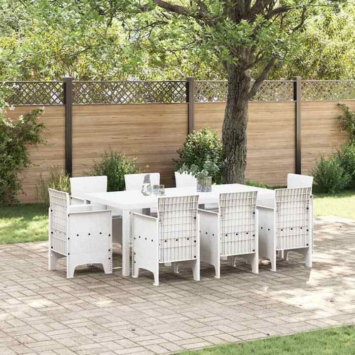 vidaXL Set de salle à manger de jardin 9 pièces pour 8 personnes en blanc Mobilier dextérieur stylé avec coussins 3378585