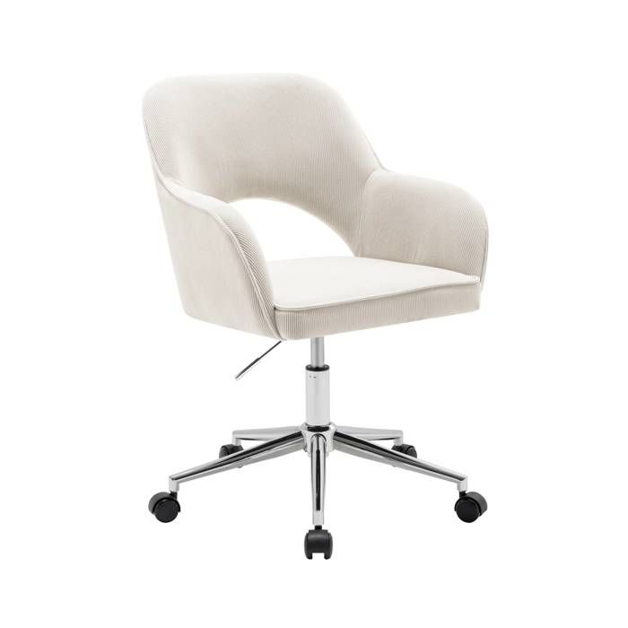Chaise de bureau à roulettes velours côtelé blanc cassé piétement chromé. L 60 x P 62 x H 89 / 99cm Chaise de bureau à roulettes velours côtelé blanc cassé piétement chromé. L 60 x P 62 x H 89 / 99cm