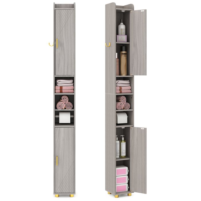 GIANTEX Colonne de Salle de Bain Étroit-Étagères Réglables-2 Compartiments Ouvertes-2 Portes-Porte-Serviettes-20x20x179cm-Gris GIANTEX Colonne de Salle de Bain Étroit-Étagères Réglables-2 Compartiments Ouvertes-2 Portes-Porte-Serviettes-20x20x179cm-Gris