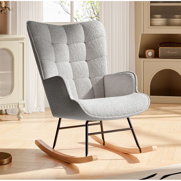 Fauteuil à Bascule - LUMINARIX - Rocking Chair Pieds en Bois Massif dossier rembourré Avec accoudoirs Velours Teddy Gris