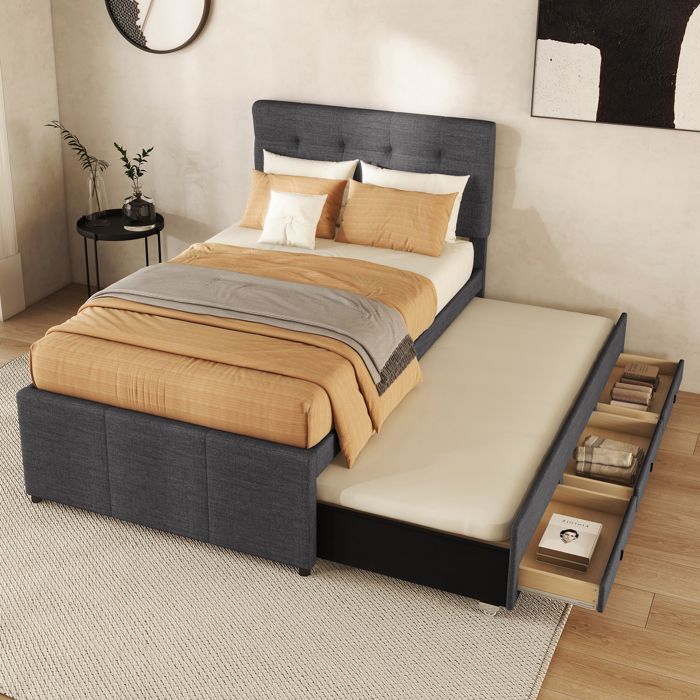 Lit Simple Rembourré 90 x 200 cm Lit Adulte Tête de Lit Réglable Gris Lit gigogne 2 places
