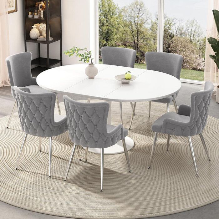 Lot de 6 chaises de salle à manger en velours Fauteuil de salon de luxe avec quatre pieds en métal argenté Gris