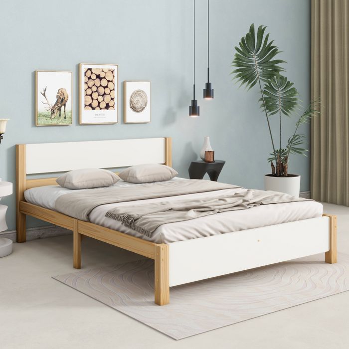 Lit adulte 140x200 cm en bois. cadre en bois de pin avec pied central. MDF . blanc + naturel